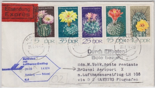 DDR - Zuleitungspost Lufthansa 1st-Flug Hamburg - Brüssel Lupo Eilbrief 1974