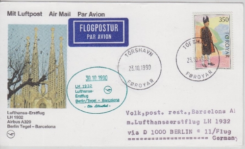 Färöer - Zuleitungspost Lufthansa 1st-Flug Berlin - Barcelona LupoKarte 1990