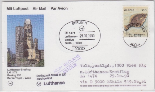 Aland - Zuleitungspost Lufthansa, 1st-Flug Berlin - Wien (A320) LupoKarte 1990