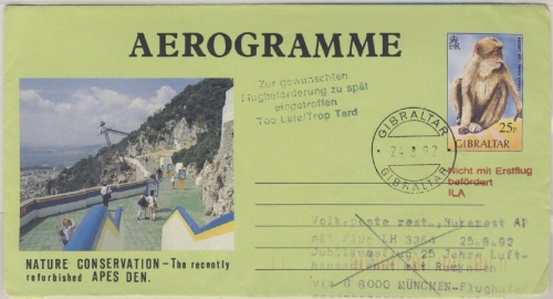 Gibraltar - Zuleitungspost Lufthansa Jub.-Flug München - Bukarest GA Aerogramme