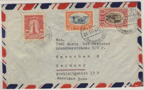 Thailand Siam - Bangkok 1947 Luftpostbrief n. München - Frankatur !!