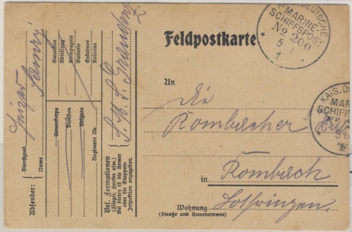 DR - Marine-Schiffspost MSP 200 (SMS Graudenz) Feldpostkte. n. Rombach 1916
