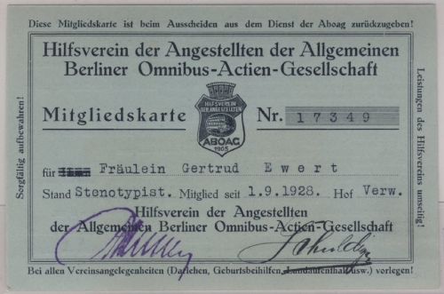 Berlin - Mitgliedskarte Hilfsverein Angestellte Omnibus-Actien-Gesellschaft 1928
