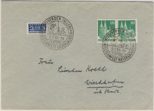 Bizone - Verden Landesturnfest Niedersachsen 1950 SST Brief n. Wischhafen