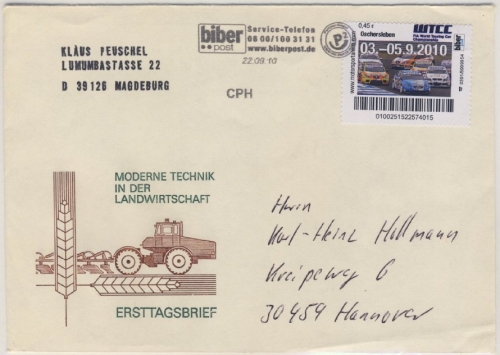 BRD - Oschersleben Privatpost/Biberpost 45 C. Motorsport Brief n. Hannover 2010