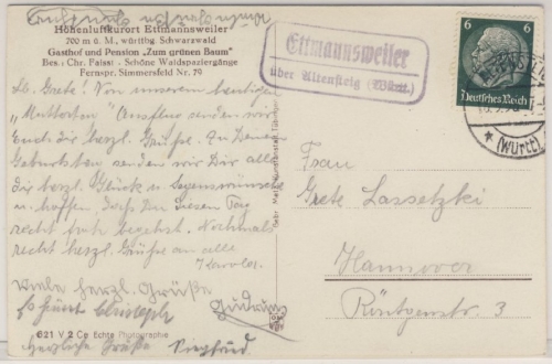 DR - Ettmannsweiler ü. Altensteig Landpost-Ra2 Gasthof sw-AK 1938 n. Hannover