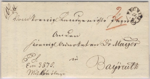 Bayern - Pegnitz Fingerhut-K1 Fahrpostbrief n. Bayreuth 1853 - mit Inhalt