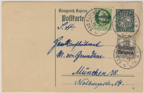 Bayern - 7 1/2 Pfg. Hupp Ganzsache+Zusatz Bad Reichenhall - München 1919