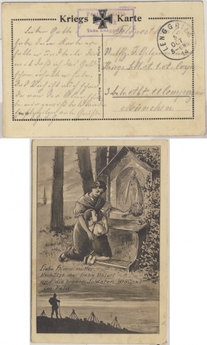 Bayern - Fleck T. Lenggries Posthilfstelle Ra3 Feldpostkarte n. München 1914