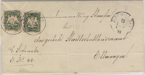 Bayern - Zoeschingen Postablage K1 Brief v. Sauten n. Ellwangen 1896 - o. Inhalt
