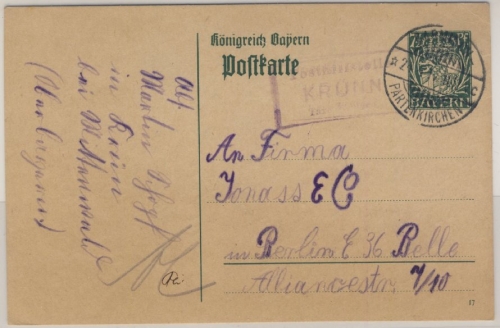 Bayern - Krünn T. Walgau Posthilfstelle Ra3 (gr. Type) Ganzsache Garmisch 1917