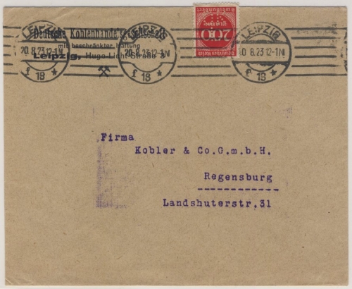 DR-Infla - 200 M. Ziffer Perfin DKL Dt. Kohlenkontor Leipzig DrsBf. 20.8.23