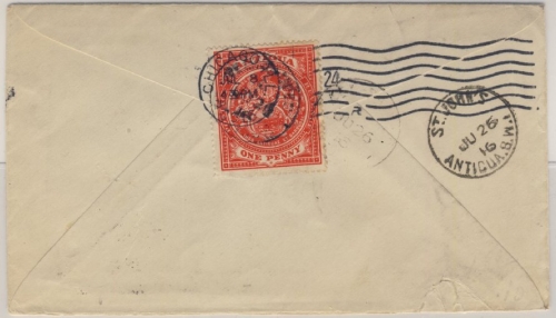 Antigua - 1 P. rückseitig. frankiert Brief n. USA St. Johns - Chicago 1916