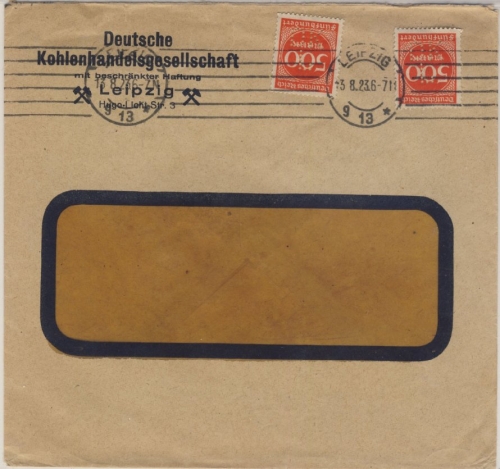 DR-Infla - 2x500 M. Ziffer Perfin DKL Dt. Kohlenkontor Leipzig Brief 13.8.23