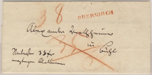 Baden - Oberkirch L1 rot Nachnahmebrief n. Bühl - Briefhülle ca. 1845