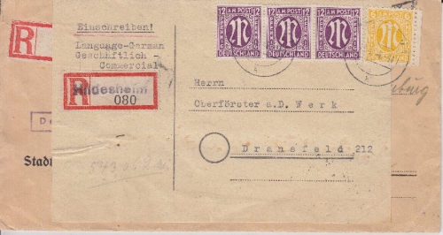 AM-Post - 3x12 + 6 Pfg. Einschreibebrief Hildesheim - Dransfeld 1946 - Notkuvert