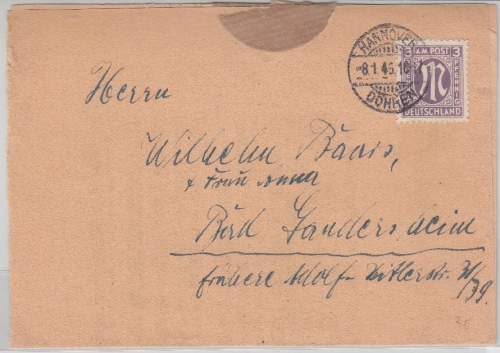 AM-Post - 3 Pfg. deutscher Druck Faltdrucksache Hannover-Döhren 8.1.46 n.