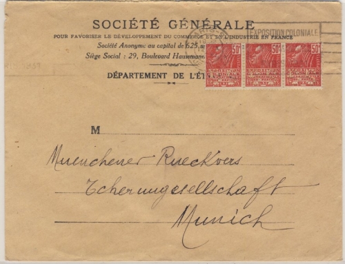Frankreich - 3x50 C. Kolonialausstellung Perfin SG Brief Paris - München 1931