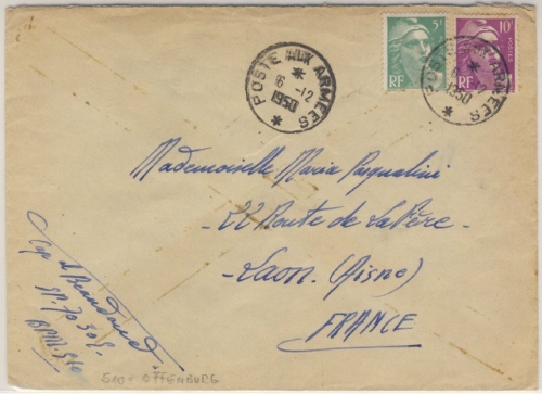 Frankreich - Poste aux Armees Brief n. Laon 1950 lt. hds. Vermerk "Offenburg"