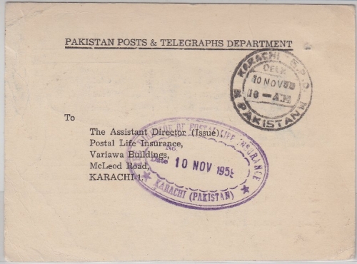 Pakistan - Karachi 1959 Dienstpostkarte Postal Life Insurance Ortspostkarte