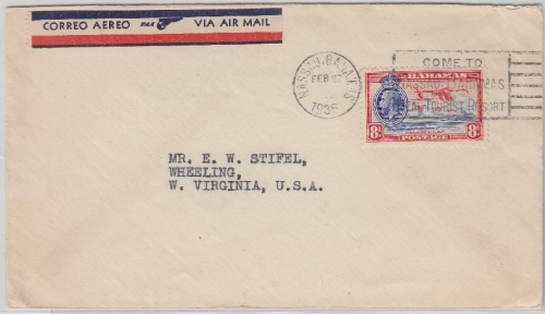 Bahamas - 8 P. Flamingos Luftpostbrief Nassau - USA 1938 - PAA Lupo-Aufkleber