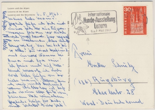 Schweiz - Luzern 1961 Int. Hunde Ausstellung Masch.werbestpl. Karte n. Augsburg
