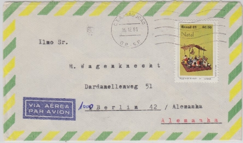 Brasilien - 60 Cr. Weihnachtsmarke Natal Luftpostbrief Sao Paulo - Berlin 1981