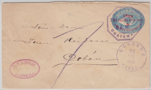Guatemala - 6 a. 5 Ctv. Überdruck Ganzsache Brief Guatemala (City) - Coban 1899