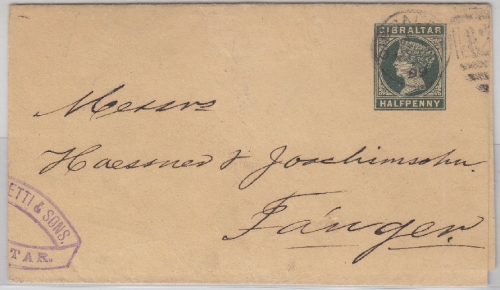 Gibraltar - 1/2 P. Ganzsache Streifband n. Tanger/Marroko 1899