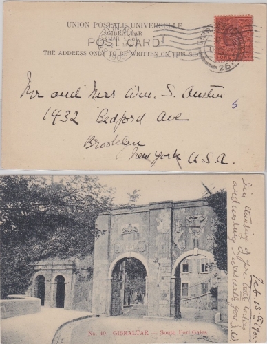 Gibraltar - 1 P. Ansichtskarte (South Port Gates) n. USA 1905