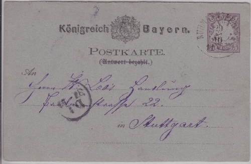 Bayern - 5 Pfg. Wappen Ganzsache Frageteil Ruhmannsfelden - Stuttgart ca. 1880