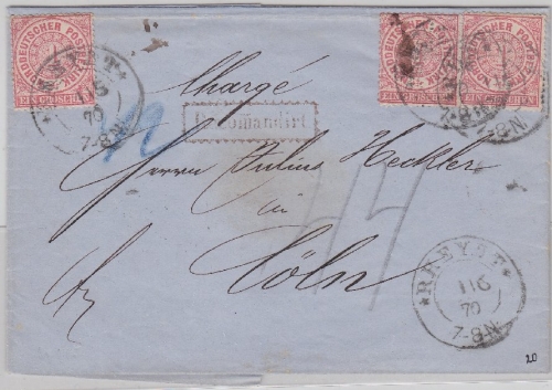 NDP - 3x1 Gr. gez. Einschreibebrief Rheydt - Cöln 1870 - Briefhülle ohne Inhalt