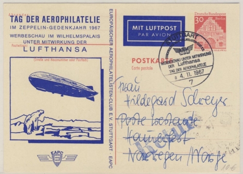 Berlin - Stuttgart 1967 Tag der Aerophilatelie SST 30 Pfg. Bauwerke Ganzsache