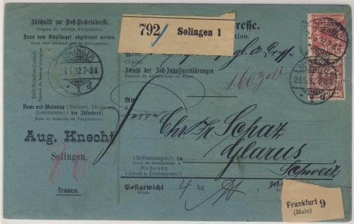 DR - 50+20+10 Pfg. K/A Paketkarte i.d. SCHWEIZ 1892 Solingen Glarus Leitzettel