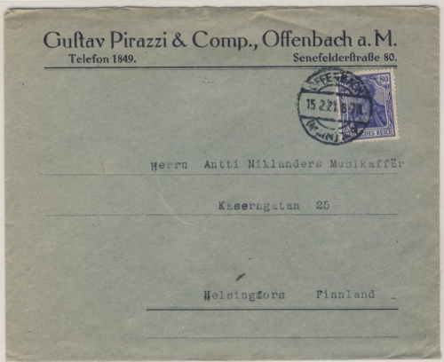 DR - 80 Pfg. Germania Brief n. FINNLAND Offenbach - Helsingfors 1921