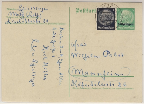 Dt. Bes. Lothringen - 5 Pfg. Hindenburg Überdruck-GA + Zusatz Metz 3 - 1941
