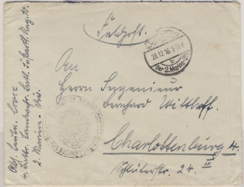 DR - 2. Marine-Div. Feldpostbrief Bfstpl. Feldartillerie n. Charlottenburg 1916