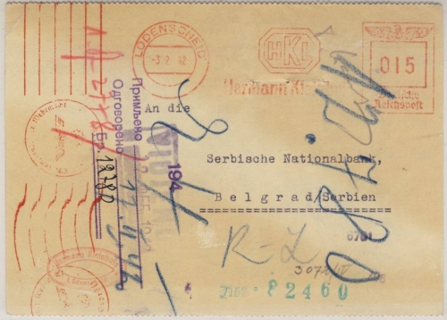 DR - 15 Pfg. AFS (Kleinhuis) Karte n. SERBIEN Lüdenscheid - Belgrad 3.2.1942