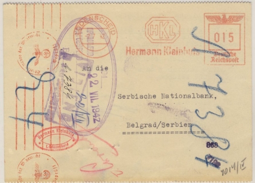 DR - 15 Pfg. AFS (Kleinhuis) Karte n. SERBIEN, Lüdenscheid - Belgrad 2.7.1942