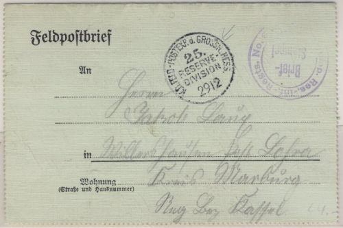 DR - K.D.Feld-Postexp. d. Grossh. Hess. 25. Reserve-Division 29/12 (1915)
