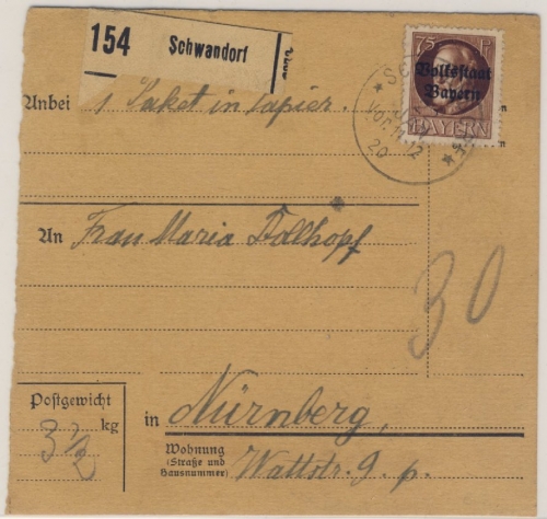 Bayern - 75 Pfg. Ludwig/Volksstaat - Paketkarte Schwandorf - Nürnberg 1920
