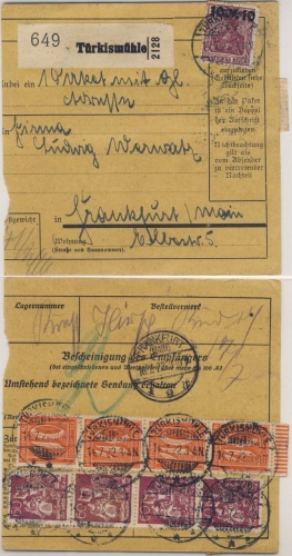 DR - Türkismühle 1922 Paketkarte n. Frankfurt a.M.