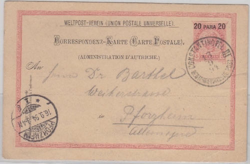 Österreich/Levante - 20 P a. 5 Kr. Ganzsache Constantinopel III - Pforzheim 1894