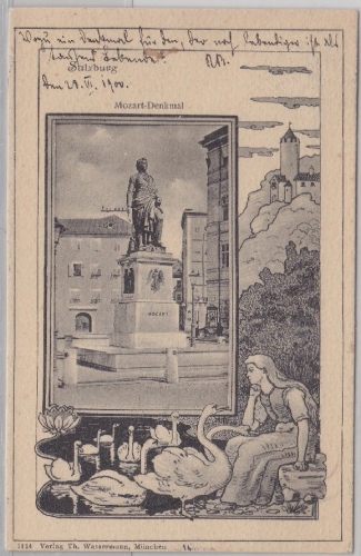 Österreich - Salzburg, Mozart-Denkmal, sw-AK gelaufen 1900 n. München