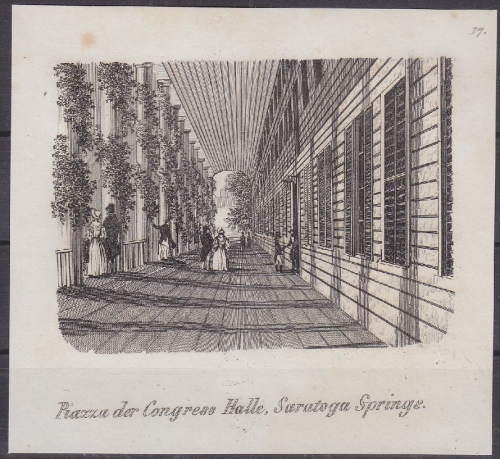 USA - Piazza der Congress Halle Saratoga Springs, Original-Stich 19. Jhdt., ca.
