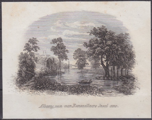 USA - Albany von van Renssellacrs Insel aus, Original-Stich 19. Jhdt., ca.