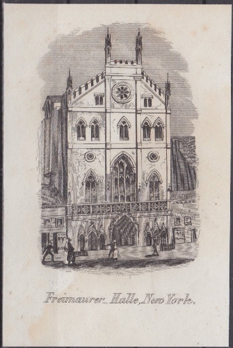 USA - Freimaurer-Halle New York, Original-Stich 19. Jhdt., ca. 7x11cm - siehe