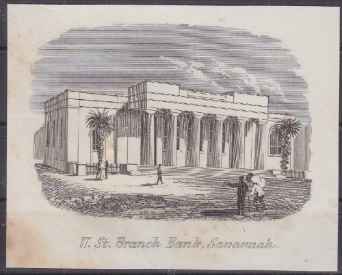 USA - U.St. Branch Bank Savannahk, Original-Stich 19. Jhdt., ca. 10x8cm - siehe