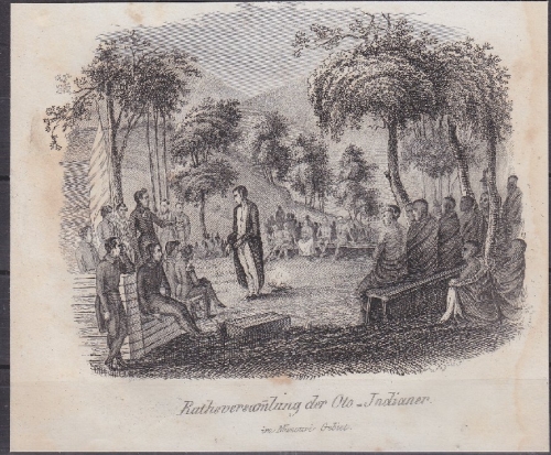 USA - Rathsversammlung der Oto-Indianer i. Missouri Gebiet, Original-Stich 19.