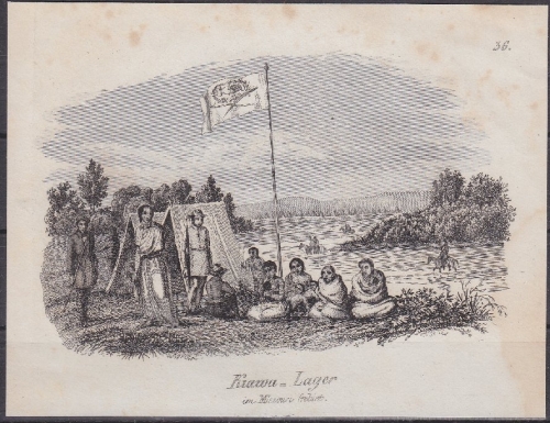 USA - Kiawa-Lager im Missouri Gebiet, Original-Stich 19. Jhdt., ca. 12x10cm -